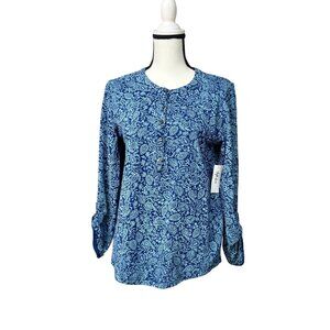 Style & Co Cotton Printed Henley T-Shirt, Indigo Paisley, Sz. M